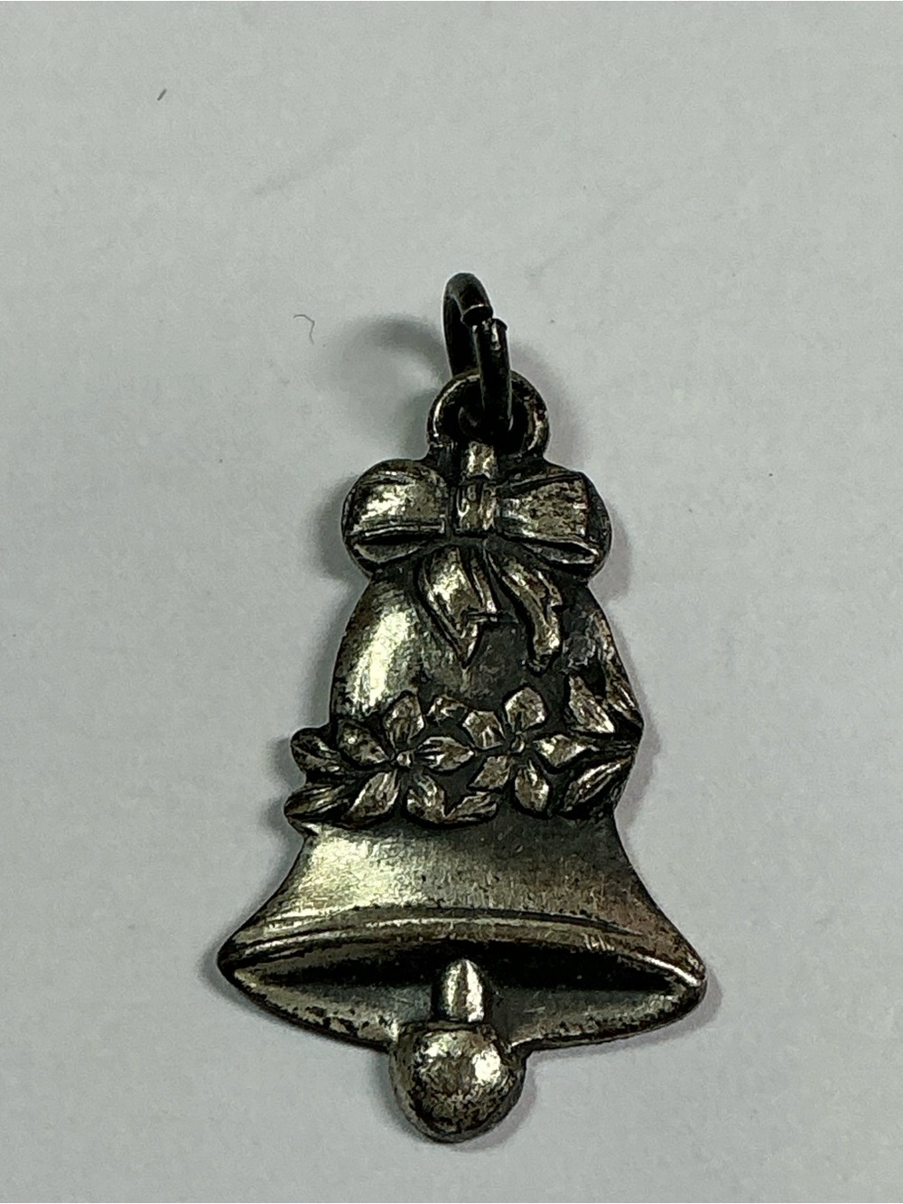 Sterling Silver Christmas Bell Pendant Charm with Bow and Floral Accent